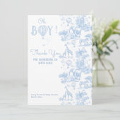 Oh Boy Blue Toile Safari Animal Baby shower Bedankkaart (Staand voorkant)