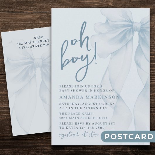 Oh Boy Blue Watercolor Bow Baby Shower Invitation