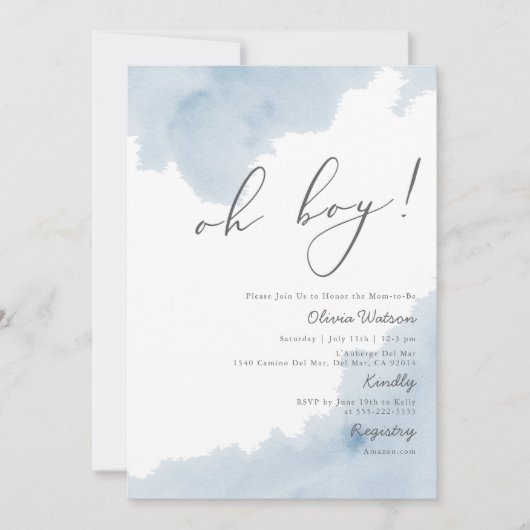 Oh Boy Blue Waterverf Baby shower Uitnodiging (Voorkant)