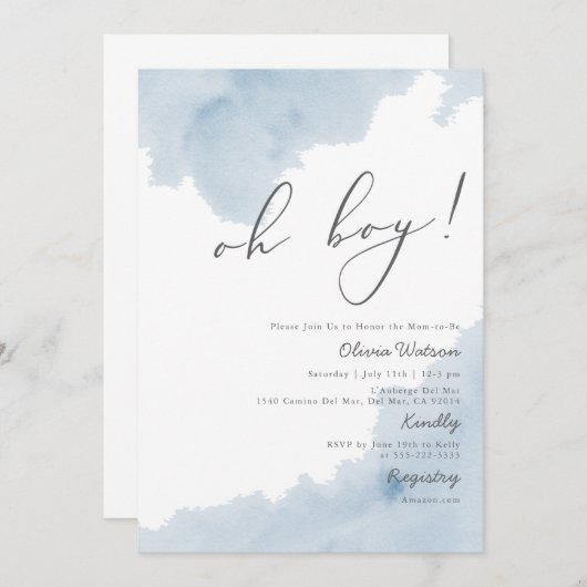 Oh Boy Blue Waterverf Baby shower Uitnodiging (Voorkant / Achterkant)