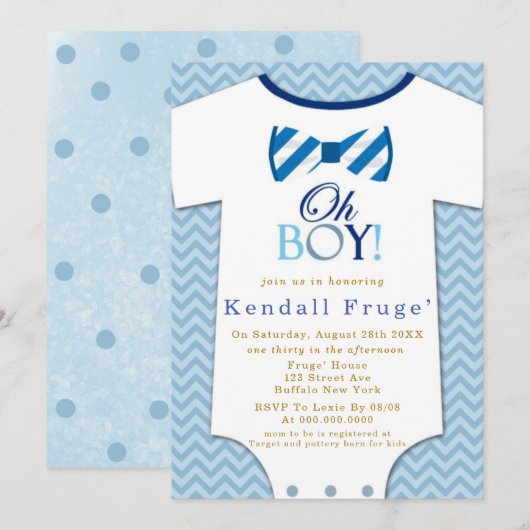 Oh Boy Bow Stropdas Bodysuit Baby Shower Invitatio (Voorkant / Achterkant)
