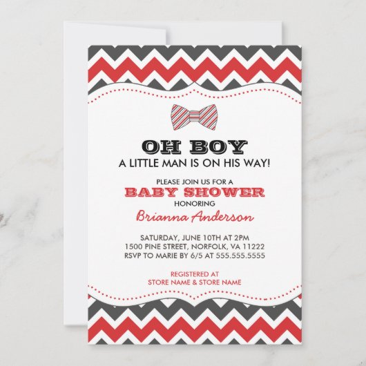 OH BOY Bowtie baby shower invitations / gris rouge (Devant)