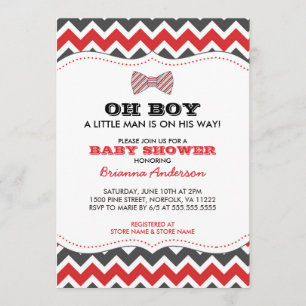 OH BOY Bowtie baby shower nodigt/grijs rood uit Kaart