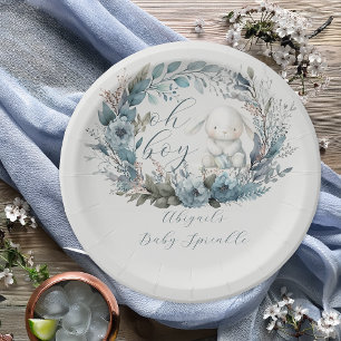Oh Boy Bunny Rabbit Blue Floral Baby Sprinkle Papieren Bordje