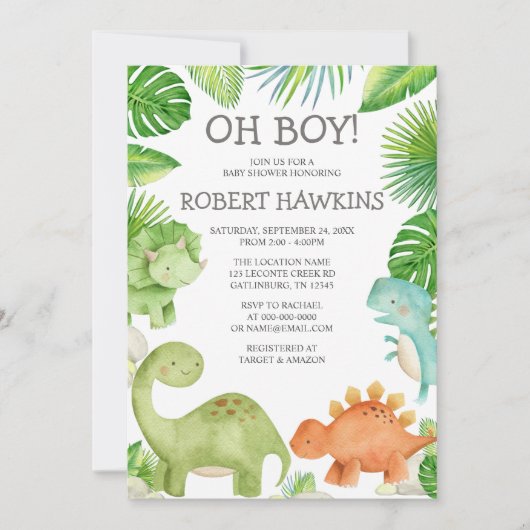 Oh Boy Dinosaur Baby shower Invitation (Devant)
