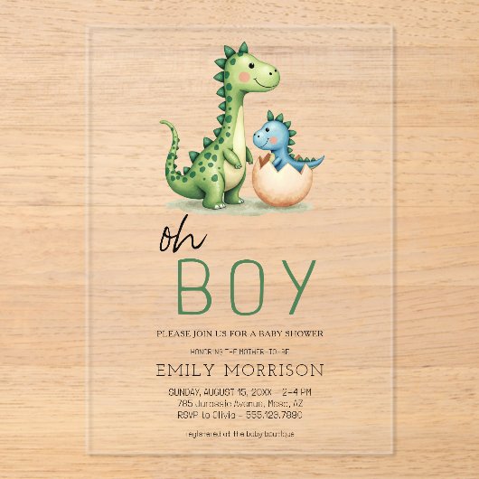 Oh Boy Dinosaur Schattigee Baby Boy Shower Acryl Uitnodigingen (Voorkant)