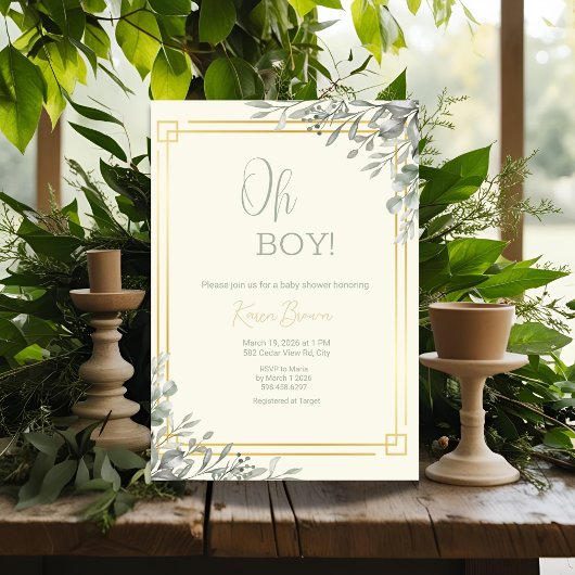Oh Boy Elegant Greenery & Gold Baby shower Kaart