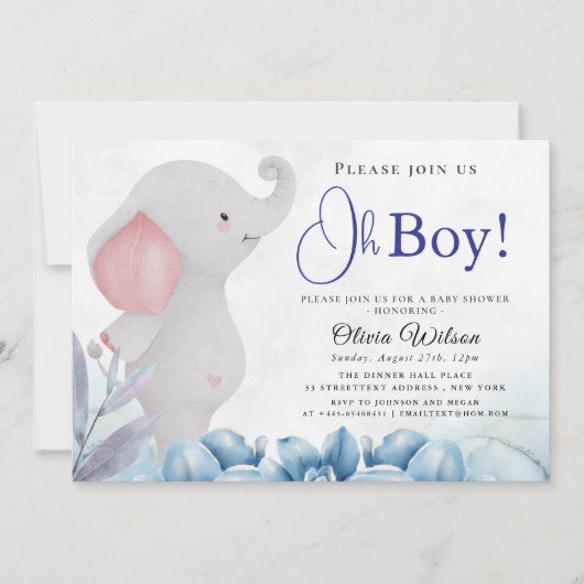 Oh Boy Elephant Baby Shower Invitation Kaart (Voorkant)