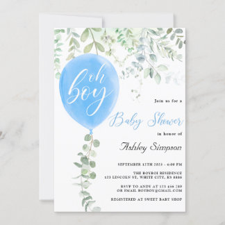 Oh boy eucalyptus blauw ballonnen baby shower kaart