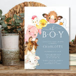 Oh Boy Farm Animaux Douche Invitation<br><div class="desc">Moderne Oh Boy barnyard animal design avec la plus douce vache,  cheval,  cochon,  poulet,  poussin et mouton autour d'une arche bleue pour un bébé garçon. Visitez notre boutique pour voir toute notre collection d'amis de la baryade Oh Baby</div>