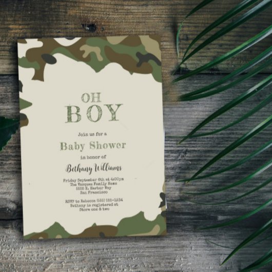 Oh Boy Green Woodland Camo Baby shower Kaart