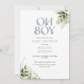 Oh Boy Greenery Dusty Blue QR Code Baby shower Kaart (Voorkant)