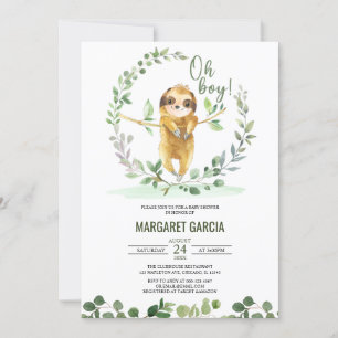 Oh Boy Greenery Floral Cute Sloth Baby shower Kaart