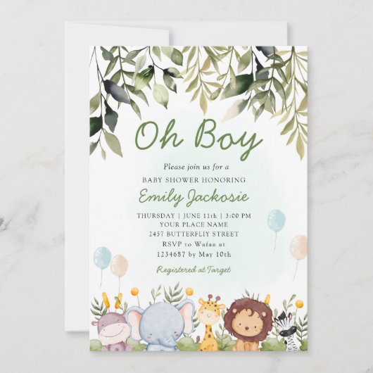 Oh boy Greenery oerwoud safari dieren baby shower Kaart (Voorkant)