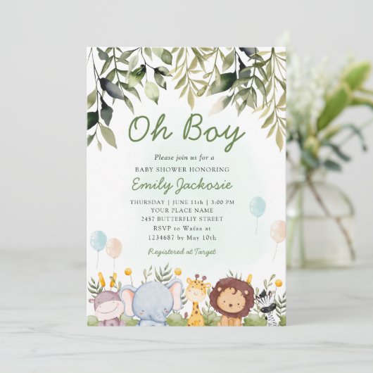 Oh boy Greenery oerwoud safari dieren baby shower Kaart (Staand voorkant)