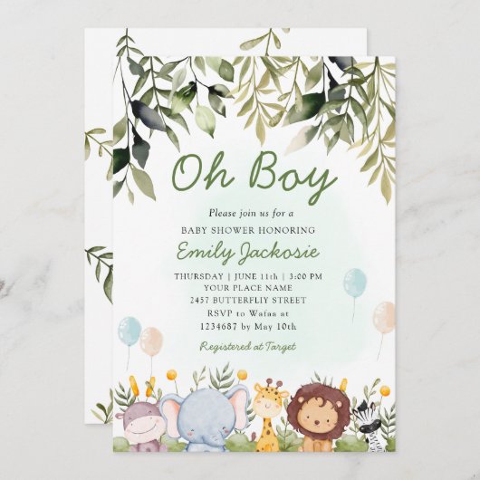 Oh boy Greenery oerwoud safari dieren baby shower Kaart (Voorkant / Achterkant)