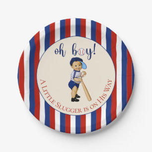 Oh Boy Honkbal Rood Wit Marineblauw Strepen Baby Papieren Bordje