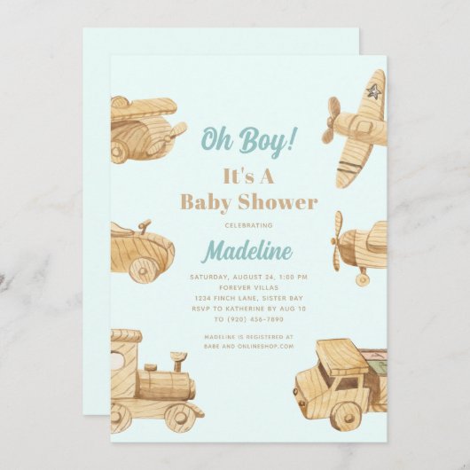 Oh Boy Jouets en bois Baby shower Invitation (Devant / Derrière)