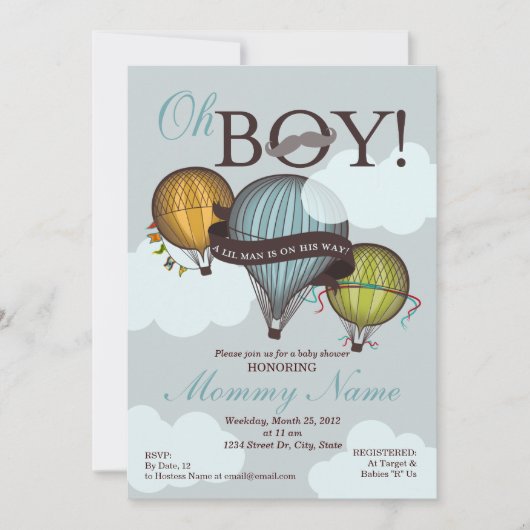 Oh Boy Lil Man Hot Air Balloon Uitnodiging (Voorkant)