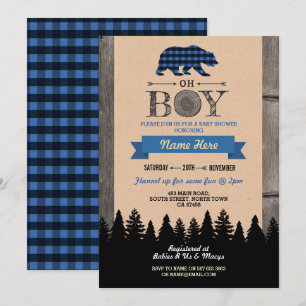 Oh Boy Lumberjack Baby shower Bleu Ours Invitation