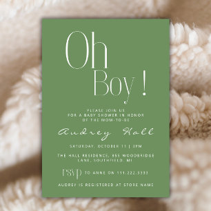 Oh Boy Minimalist Sage Green Modern Baby shower Kaart