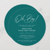 Oh Boy Modern Round  Script Teal  Baby Shower   Kaart (Voorkant / Achterkant)