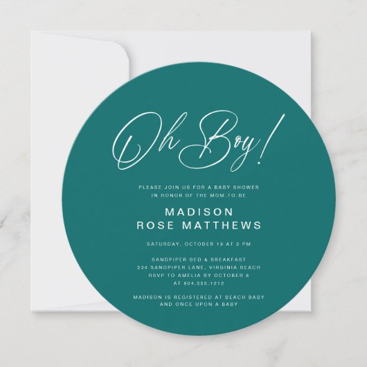Oh Boy Modern Round  Script Teal  Baby Shower   Kaart (Voorkant)