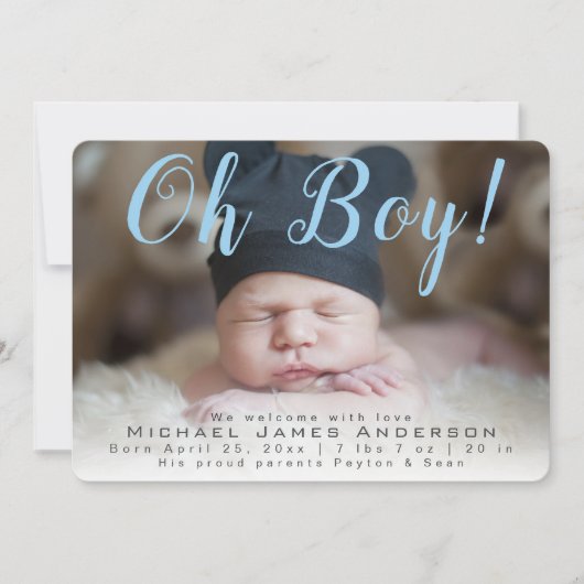 Oh boy! Modern Script Baby Boy Foto Geboorte Aankondiging (Voorkant)