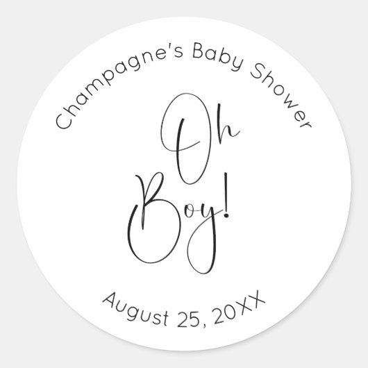 Oh Boy Modern Script Baby shower Ronde Sticker (Voorkant)