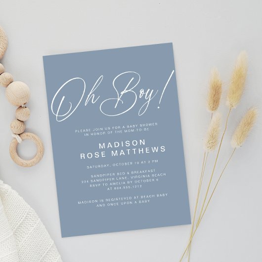 Oh Boy Modern Script Dusty Blue Baby shower Kaart