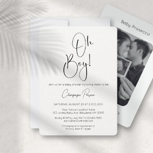 Oh Boy Modern Script Foto Baby shower Uitnodiging