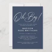 Oh Boy Modern Script Navy Blue Baby Shower Kaart (Voorkant)