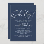 Oh Boy Modern Script Navy Blue Baby Shower Kaart (Voorkant / Achterkant)