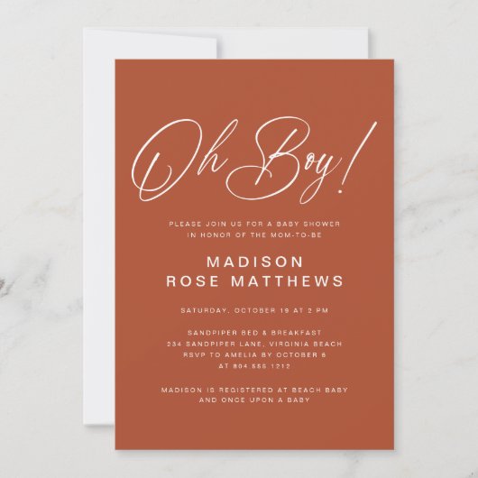 Oh Boy Modern Script Rust Baby Shower Kaart (Voorkant)