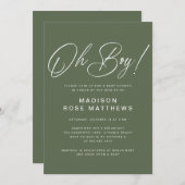 Oh Boy Modern Script Sage Olive Baby Shower Kaart (Voorkant / Achterkant)