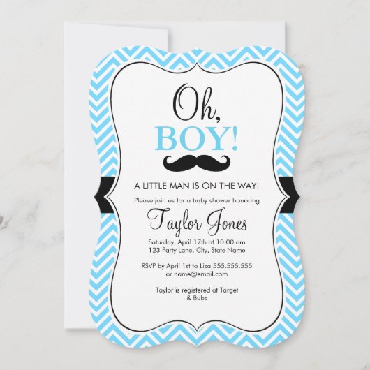 Oh Boy Mustache Baby shower Invitation / Bleu & No (Devant)