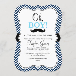Oh Boy Mustache Baby shower Uitnodigen / Blue & Na Kaart