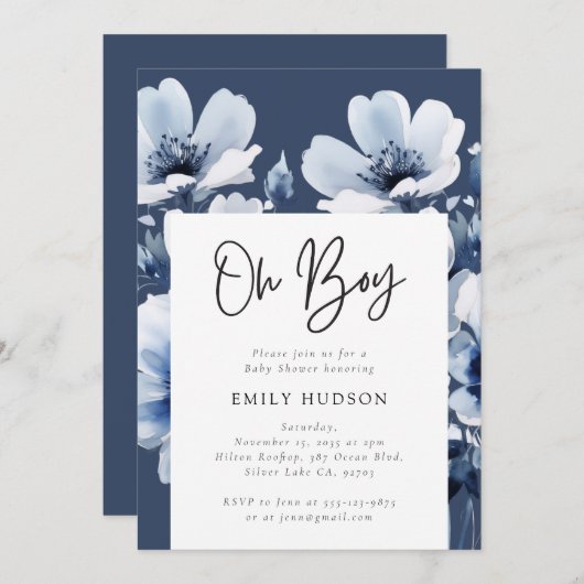 Oh Boy Navy Blue Floral Baby shower Kaart (Voorkant / Achterkant)