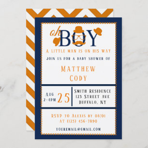 Oh Boy Orange et Baby shower bleu Invitation