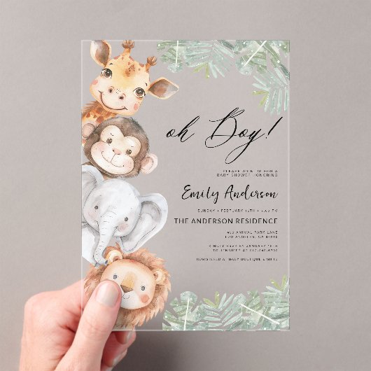 Oh Boy Safari Animal Boy's Baby shower Acryl Uitnodigingen (Insitu (Draagbaar))