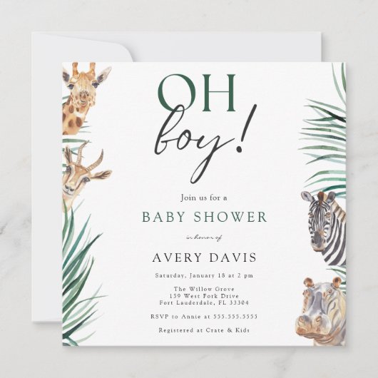 Oh Boy Safari Animals Baby shower Square Kaart (Voorkant)