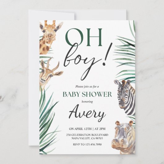 Oh Boy Safari Animaux Baby shower Invitation (Devant)