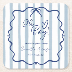 Oh Boy Schattige Modern Blue Stripes Baby shower Vierkante Kartonnen Onderzetter