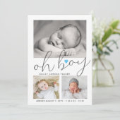 Oh Boy Script Blue Heart Collage Photo Birth Aankondiging (Staand voorkant)