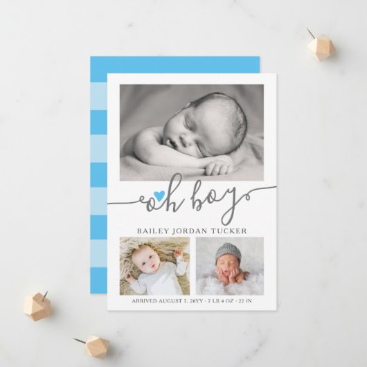 Oh Boy Script Sky Blue Heart Foto Collage Birth Aankondiging (Voorkant / Achterkant in situ)
