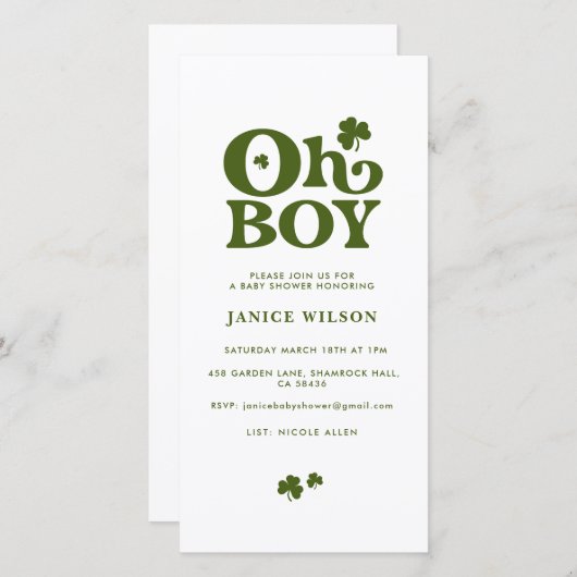 Oh Boy St. Patrick's Day Baby shower Digital Evite Aankondiging (Voorkant / Achterkant)