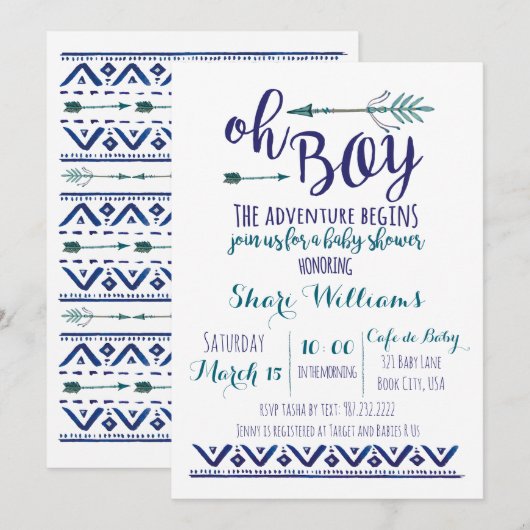 Oh Boy Tribal Baby shower Invitation - TURQUOISE C (Devant / Derrière)