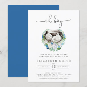 Oh Boy Waterverf Blue Floral Wreath Baby shower I Kaart