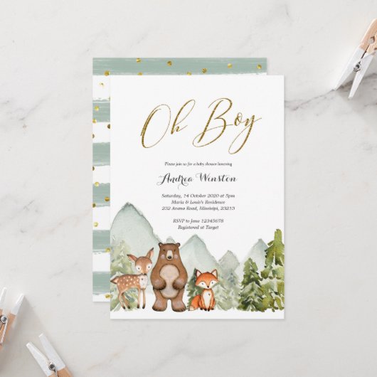 Oh Boy Woodland Animal Baby shower Invitation (Devant/Arrière en situation)