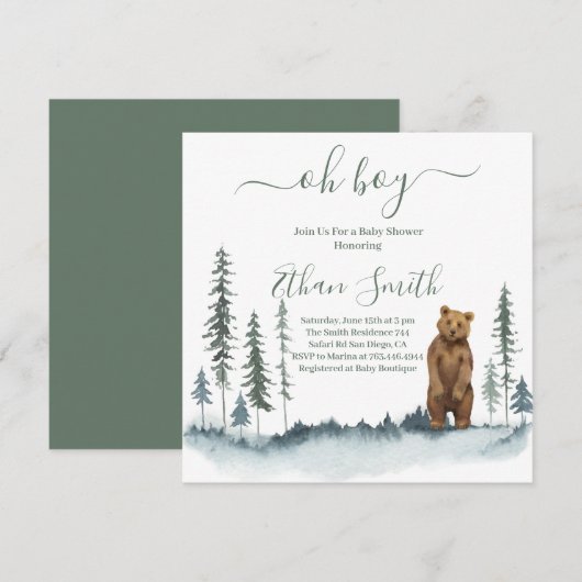 Oh Boy Woodland Bear Baby shower Invitation (Devant / Derrière)